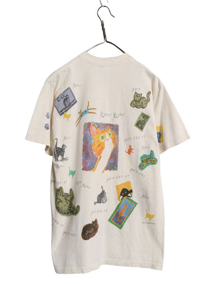 90s USA製 rel e vant products ネコ イラスト プリント 半袖 Tシャツ メンズ レディース M / オールド アート グラフィック アニマル 総柄
