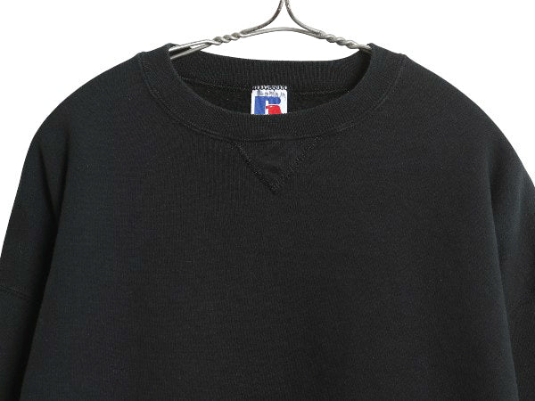 90s USA製 ラッセル 無地 スウェット メンズ レディース XL オールド トレーナー 前V 裏起毛 ワンポイント 大きいサイズ ブランク ブラック