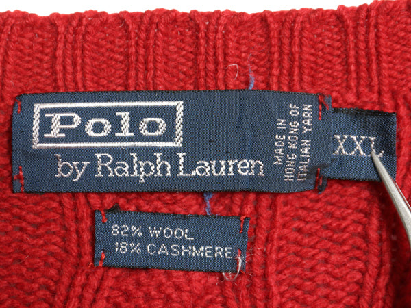 90s ポロ ラルフローレン ケーブル ニット セーター メンズ XXL / オールド ウール カシミヤ 長袖ニット 無地  大きいサイズ 赤 ポニーなし