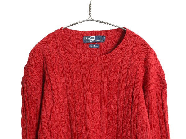 90s ポロ ラルフローレン ケーブル ニット セーター メンズ XXL / オールド ウール カシミヤ 長袖ニット 無地  大きいサイズ 赤 ポニーなし