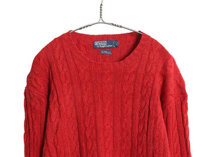 90s ポロ ラルフローレン ケーブル ニット セーター メンズ XXL / オールド ウール カシミヤ 長袖ニット 無地  大きいサイズ 赤 ポニーなし