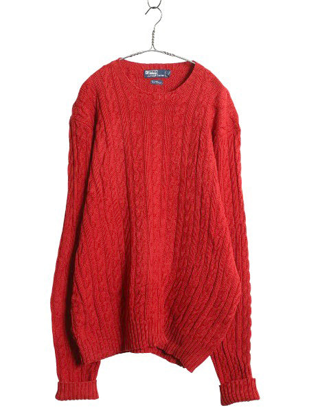 90s ポロ ラルフローレン ケーブル ニット セーター メンズ XXL / オールド ウール カシミヤ 長袖ニット 無地  大きいサイズ 赤 ポニーなし