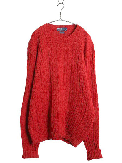 90s ポロ ラルフローレン ケーブル ニット セーター メンズ XXL / オールド ウール カシミヤ 長袖ニット 無地  大きいサイズ 赤 ポニーなし