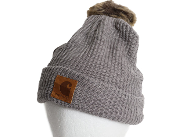 US企画 カーハート ポンポン ファー付き ニット キャップ レディース ビーニー アクリル フリース ライナー付き ワンポイント 灰 防寒 帽子