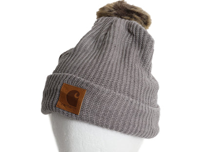 US企画 カーハート ポンポン ファー付き ニット キャップ レディース ビーニー アクリル フリース ライナー付き ワンポイント 灰 防寒 帽子