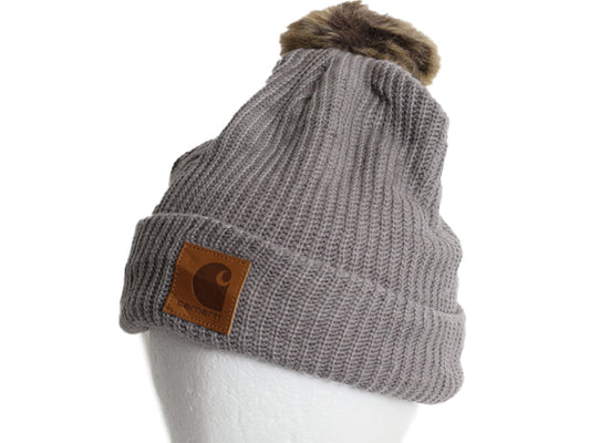 US企画 カーハート ポンポン ファー付き ニット キャップ レディース ビーニー アクリル フリース ライナー付き ワンポイント 灰 防寒 帽子