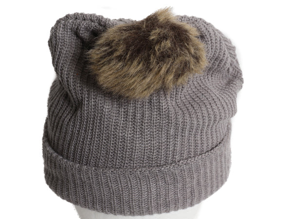 US企画 カーハート ポンポン ファー付き ニット キャップ レディース ビーニー アクリル フリース ライナー付き ワンポイント 灰 防寒 帽子