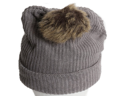 US企画 カーハート ポンポン ファー付き ニット キャップ レディース ビーニー アクリル フリース ライナー付き ワンポイント 灰 防寒 帽子
