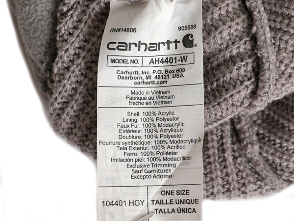 US企画 カーハート ポンポン ファー付き ニット キャップ レディース ビーニー アクリル フリース ライナー付き ワンポイント 灰 防寒 帽子