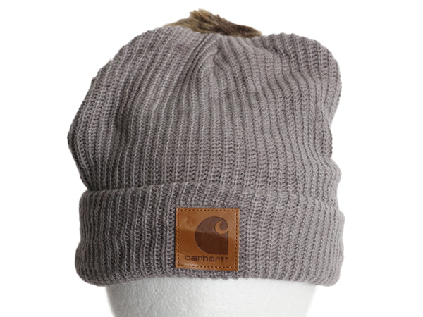 US企画 カーハート ポンポン ファー付き ニット キャップ レディース ビーニー アクリル フリース ライナー付き ワンポイント 灰 防寒 帽子