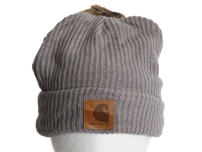 US企画 カーハート ポンポン ファー付き ニット キャップ レディース ビーニー アクリル フリース ライナー付き ワンポイント 灰 防寒 帽子