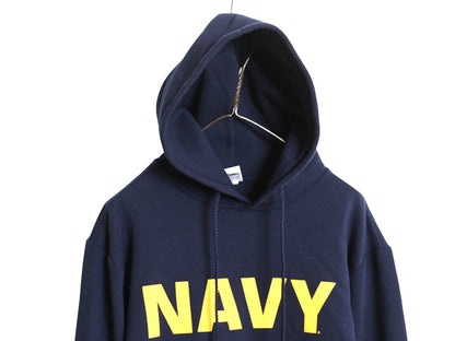 US NAVY プリント スウェット フード パーカー メンズ M / 古着 プルオーバー ミリタリー トレーナー 裏起毛 軍物 USN ネイビー シンプル
