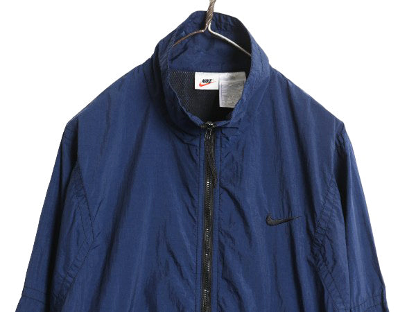 90s ナイキ フルジップ ナイロン トラック ジャケット メンズ M / オールド スウッシュ ウインドブレーカー ブルゾン ハイネック ネイビー
