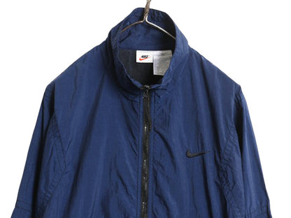 90s ナイキ フルジップ ナイロン トラック ジャケット メンズ M / オールド スウッシュ ウインドブレーカー ブルゾン ハイネック ネイビー
