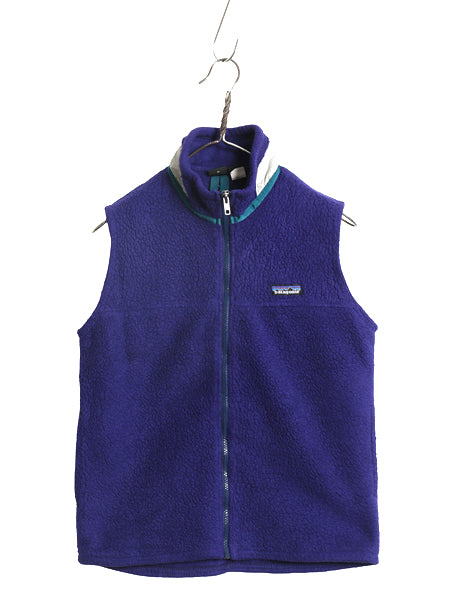 90s USA製 パタゴニア パイル フリース ベスト キッズ L レディース S 程 オールド アウトドア フルジップ ハイネック 重ね着 前開き 青紫