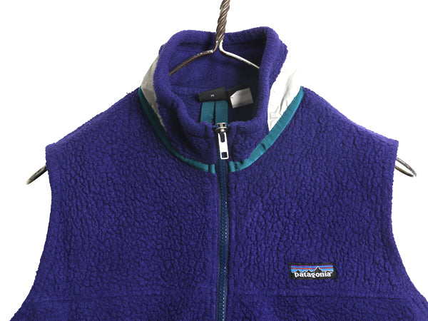 90s USA製 パタゴニア パイル フリース ベスト キッズ L レディース S 程 オールド アウトドア フルジップ ハイネック 重ね着 前開き 青紫