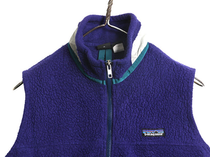 90s USA製 パタゴニア パイル フリース ベスト キッズ L レディース S 程 オールド アウトドア フルジップ ハイネック 重ね着 前開き 青紫