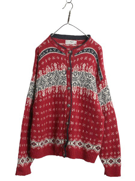 80s USA製 エルエルビーン ノルディック ニット カーディガン レディース XL ヴィンテージ ウール セーター バーズアイ 総柄 大きいサイズ