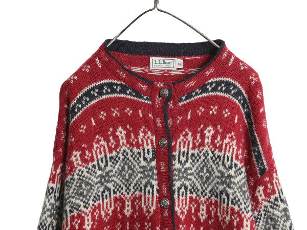 80s USA製 エルエルビーン ノルディック ニット カーディガン レディース XL ヴィンテージ ウール セーター バーズアイ 総柄 大きいサイズ