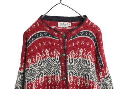 80s USA製 エルエルビーン ノルディック ニット カーディガン レディース XL ヴィンテージ ウール セーター バーズアイ 総柄 大きいサイズ