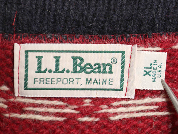 80s USA製 エルエルビーン ノルディック ニット カーディガン レディース XL ヴィンテージ ウール セーター バーズアイ 総柄 大きいサイズ