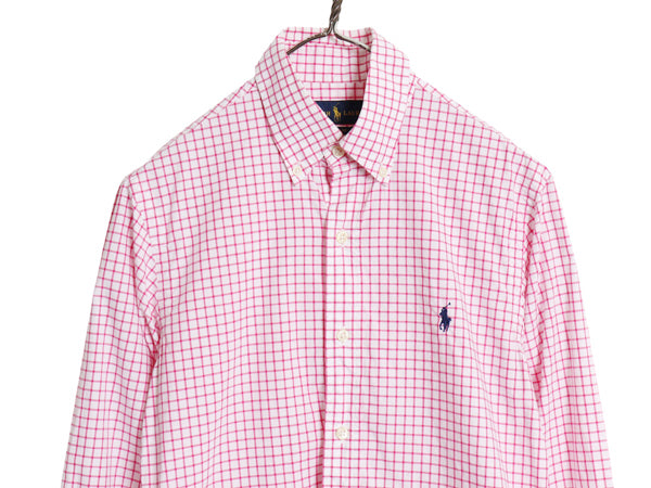 ラルフローレン チェック 長袖 ボタンダウン シャツ メンズ XS / ポロ SLIM FIT コットン ワンポイント ポニー BD ツートン 細身 ピンク 