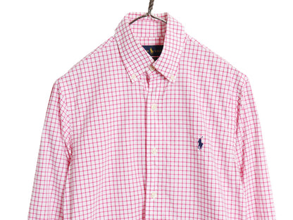 ラルフローレン チェック 長袖 ボタンダウン シャツ メンズ XS / ポロ SLIM FIT コットン ワンポイント ポニー BD ツートン 細身 ピンク 