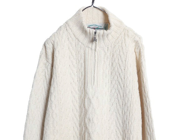 アイルランド製 aran crafts フィッシャーマン ニット セーター レディース XL メリノ ウール アラン ケーブル  ハーフジップ 大きいサイズ