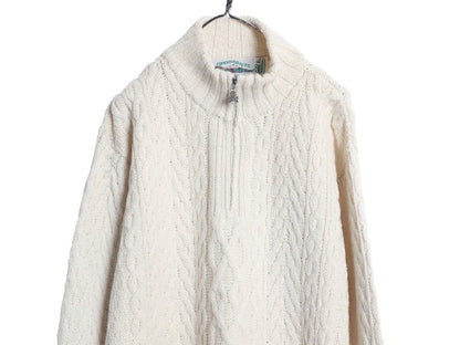 アイルランド製 aran crafts フィッシャーマン ニット セーター レディース XL メリノ ウール アラン ケーブル  ハーフジップ 大きいサイズ