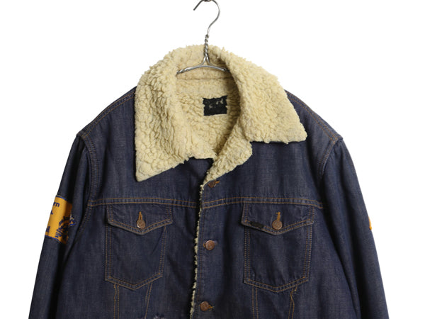 60s 70s ★ シアーズ ローバックス バットダイ デニム ボア ジャケット メンズ M 程 ヴィンテージ ジージャン チェーンステッチ 刺繍 濃紺
