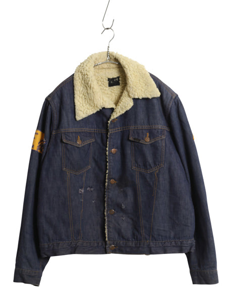 60s 70s ★ シアーズ ローバックス バットダイ デニム ボア ジャケット メンズ M 程 ヴィンテージ ジージャン チェーンステッチ 刺繍 濃紺