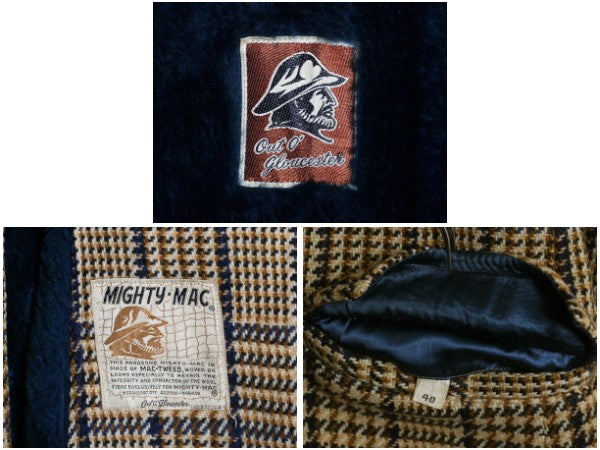 60s 70s USA製 ★ MIGHTY MAC ダブルブレスト ツイード ハーフ コート メンズ M 程 古着 ヴィンテージ ジャケット チェック ウール 裏ボア 
