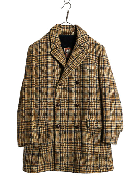 60s 70s USA製 ★ MIGHTY MAC ダブルブレスト ツイード ハーフ コート メンズ M 程 古着 ヴィンテージ ジャケット チェック ウール 裏ボア 