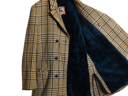 60s 70s USA製 ★ MIGHTY MAC ダブルブレスト ツイード ハーフ コート メンズ M 程 古着 ヴィンテージ ジャケット チェック ウール 裏ボア 