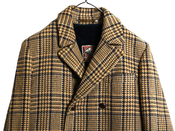 60s 70s USA製 ★ MIGHTY MAC ダブルブレスト ツイード ハーフ コート メンズ M 程 古着 ヴィンテージ ジャケット チェック ウール 裏ボア 