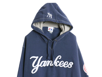 ヤンキース スウェット フード パーカー メンズ XL 程 MLB オフィシャル マジェスティック 裏起毛 前V プルオーバー 大リーグ 大きいサイズ