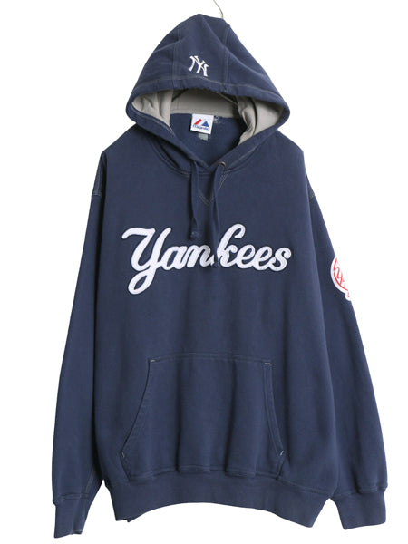 ヤンキース スウェット フード パーカー メンズ XL 程 MLB オフィシャル マジェスティック 裏起毛 前V プルオーバー 大リーグ 大きいサイズ
