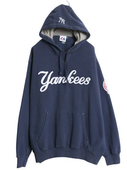 ヤンキース スウェット フード パーカー メンズ XL 程 MLB オフィシャル マジェスティック 裏起毛 前V プルオーバー 大リーグ 大きいサイズ