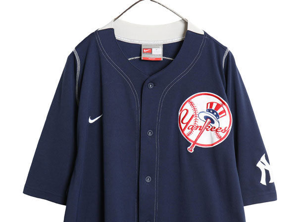 ヤンキース ベースボール シャツ メンズ L / MLB オフィシャル ナイキ 大リーグ ユニフォーム ゲームシャツ スウッシュ ジャージ 重ね着 紺