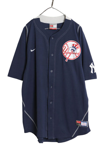 ヤンキース ベースボール シャツ メンズ L / MLB オフィシャル ナイキ 大リーグ ユニフォーム ゲームシャツ スウッシュ ジャージ 重ね着 紺