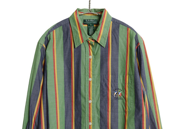 90s ローレン ラルフローレン ストライプ 長袖 シャツ レディース L 程 古着 オールド ポロ コットン ブラウス ワンポイント マルチカラー