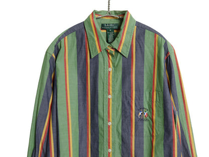 90s ローレン ラルフローレン ストライプ 長袖 シャツ レディース L 程 古着 オールド ポロ コットン ブラウス ワンポイント マルチカラー