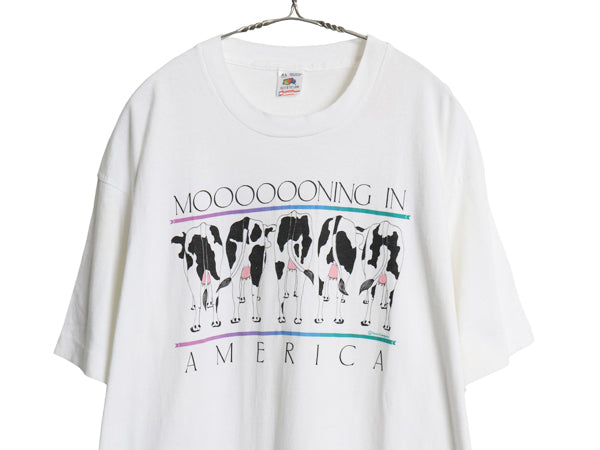 90s USA製 ウシ ジョーク イラスト プリント Tシャツ メンズ XL / オールド グラフィック アート ヘビーウェイト コットン 大きいサイズ 白