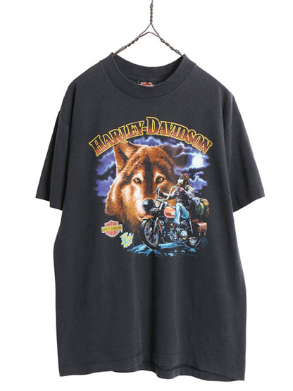 80s USA製 ★ ハーレー ダビッドソン ウルフ x イーグル プリント Tシャツ メンズ M / ヴィンテージ シングルステッチ バイク アニマル 黒