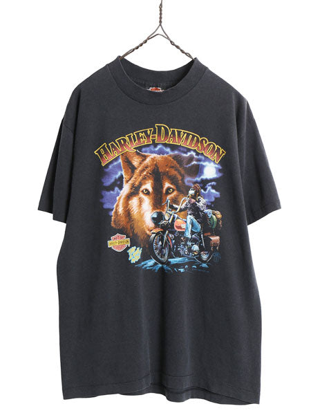 80s USA製 ★ ハーレー ダビッドソン ウルフ x イーグル プリント Tシャツ メンズ M / ヴィンテージ シングルステッチ バイク アニマル 黒