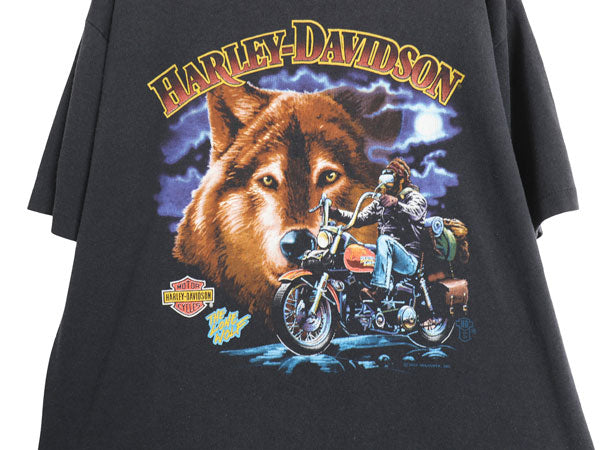 80s USA製 ★ ハーレー ダビッドソン ウルフ x イーグル プリント Tシャツ メンズ M / ヴィンテージ シングルステッチ バイク アニマル 黒