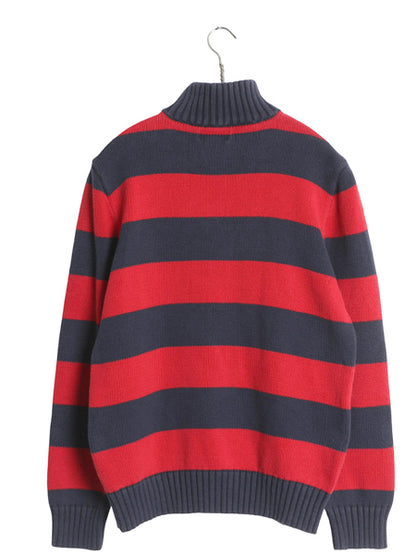 00s ポロ ラルフローレン ハーフジップ コットン ニット セーター キッズ XL メンズ XS 程 オールド ボーダー ワンポイント リブ編み 赤 紺