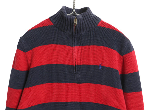 00s ポロ ラルフローレン ハーフジップ コットン ニット セーター キッズ XL メンズ XS 程 オールド ボーダー ワンポイント リブ編み 赤 紺