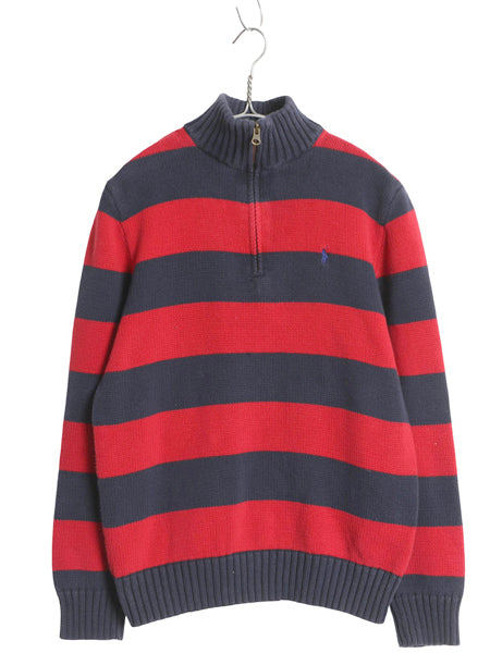 00s ポロ ラルフローレン ハーフジップ コットン ニット セーター キッズ XL メンズ XS 程 オールド ボーダー ワンポイント リブ編み 赤 紺