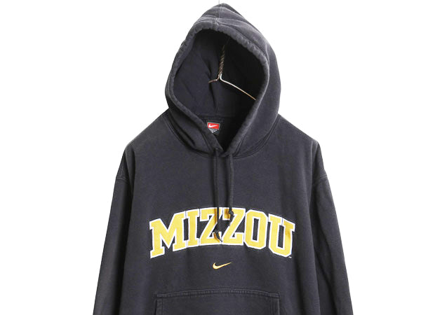 00s ナイキ カレッジ 刺繍 スウェット フード パーカー メンズ M オールド トレーナー スウッシュ プルオーバー 裏起毛 ヘビーウェイト 黒